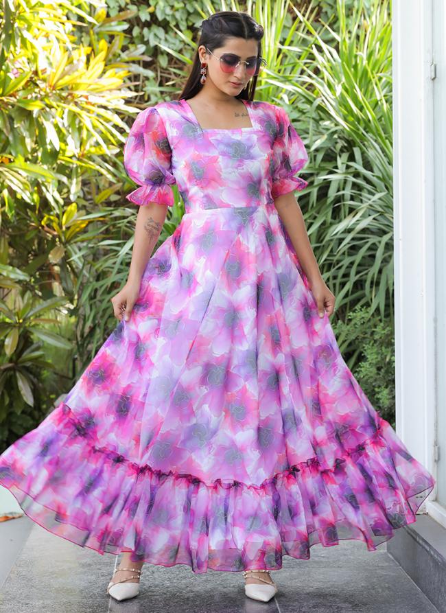 Georgette Pink Party Wear Printed Western Dress